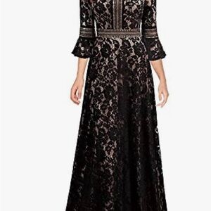 MissMay Chic Black Lace Maxi Dress Nude Bell Sleeves Size L pre-owned.